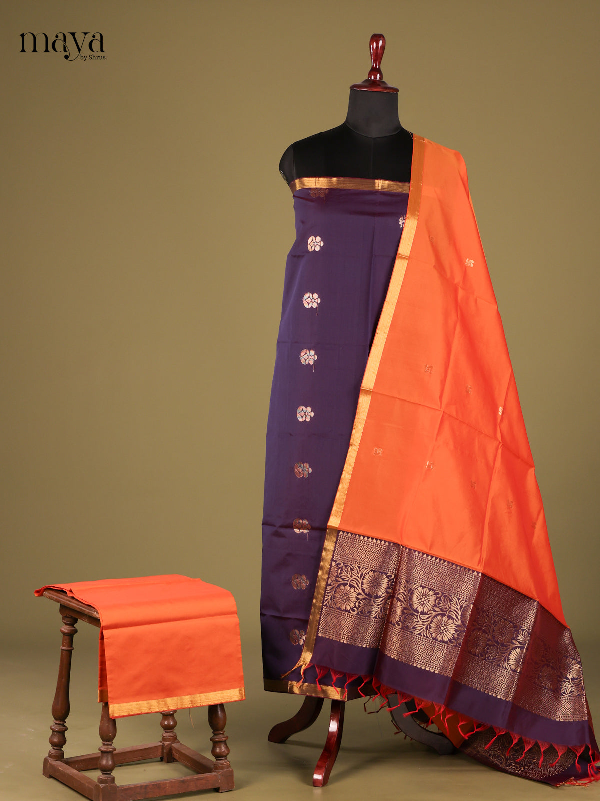 Vibrant Blue semi softsilk salwar Unstitch with Orange Dupatta