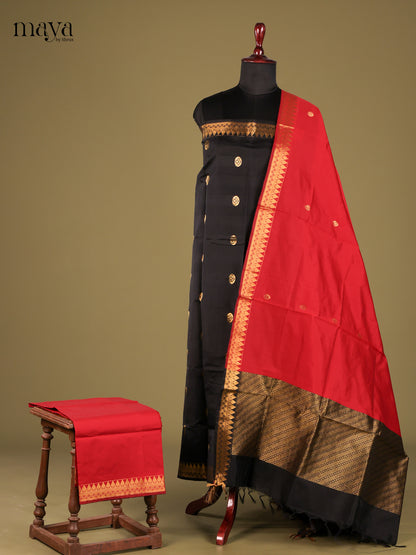 Beautiful Black semi softsilk salwar unstitch with Red Dupatta