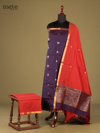 Elegant Blue semi softsilk salwar unstitch with Red dupatta