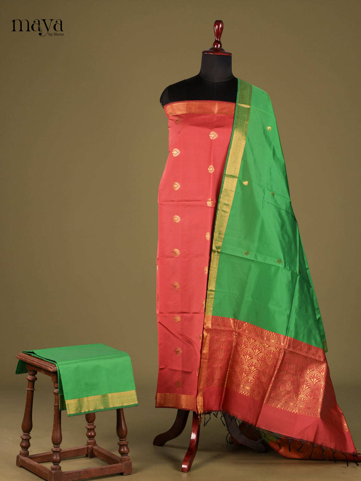 Vivid Orangish Pink semi softsilk salwar unstitch with Green dupatta