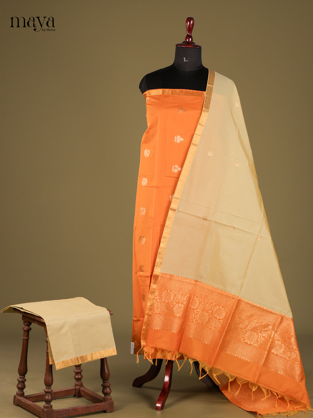 Radiant Orange semi softsilk salwar unstitch with cream dupatta