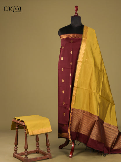 Beautiful Brown semi softsilk salwar unstitch with mustardy green dupatta