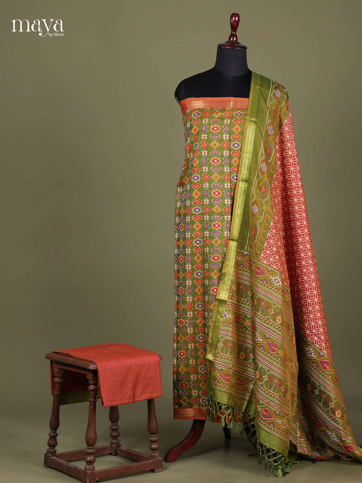 Green & Orange - Semi patola salwar Unstitched