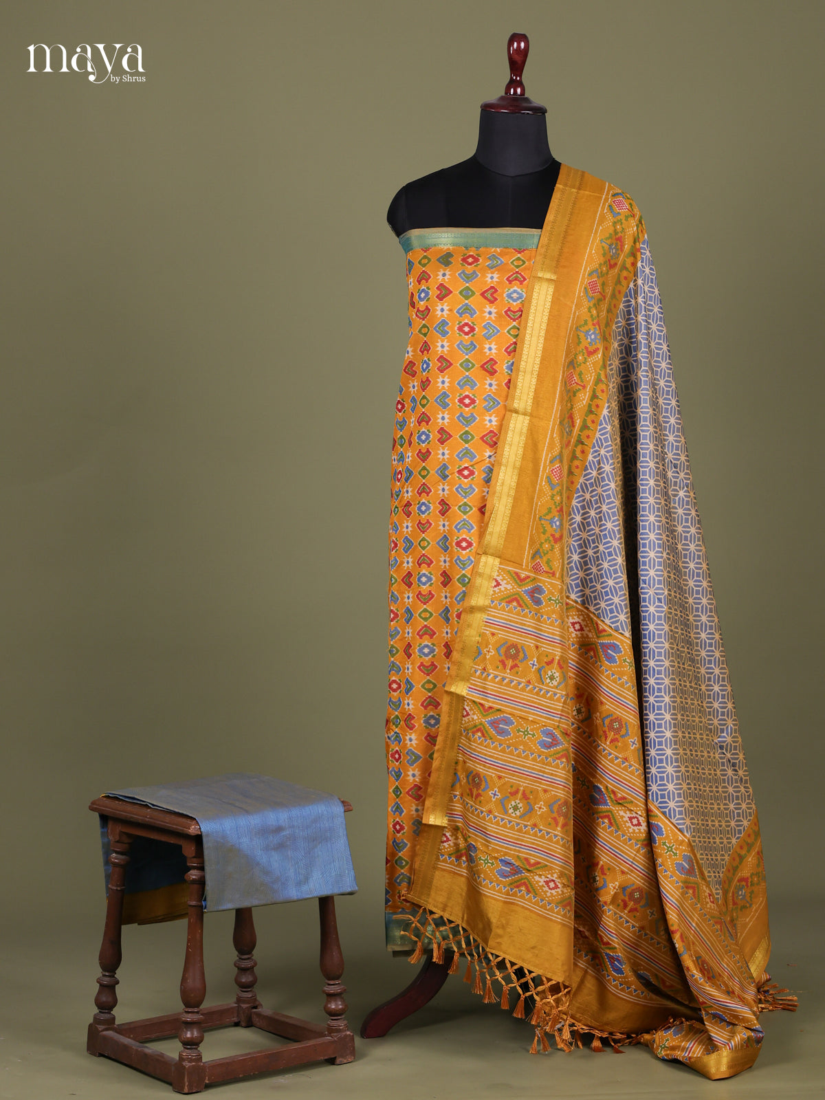 Mustard & Blue - Semi patola salwar Unstitched