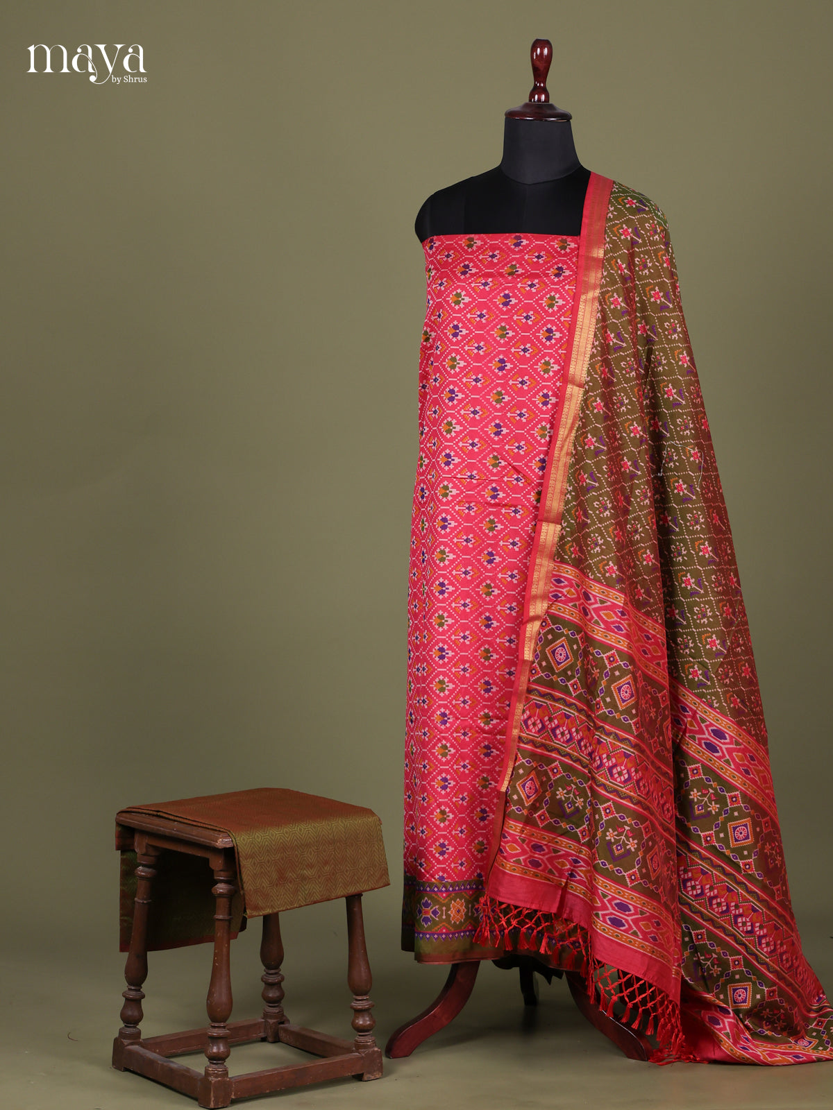 Pink & Green - Semi patola salwar Unstitched