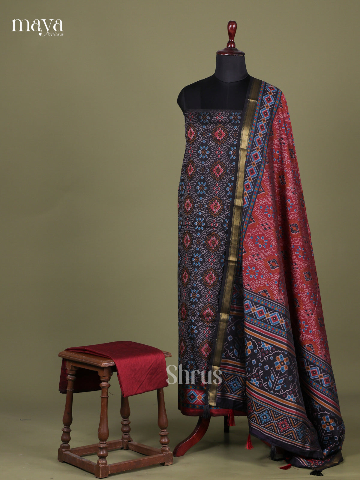 Black & Maroon - semi patola salwar Unstitched