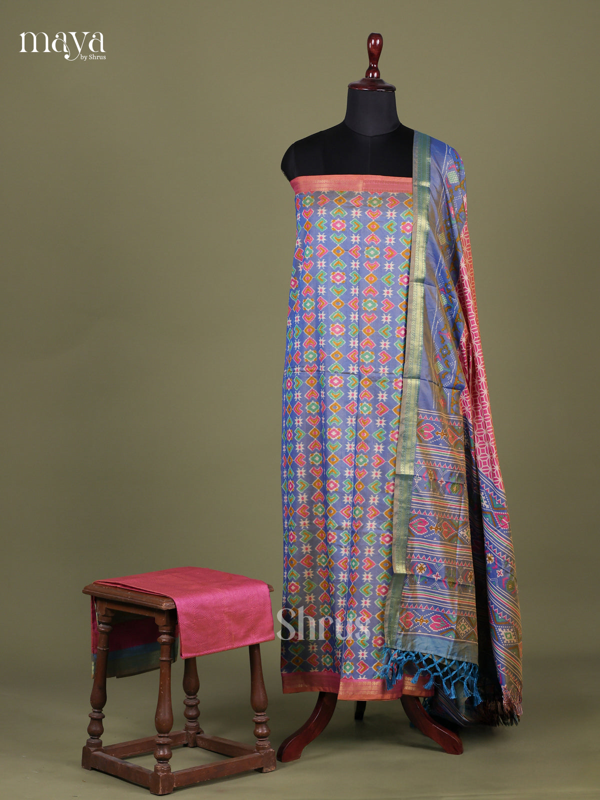 Blue & Pink- Semi patola salwar Unstitched