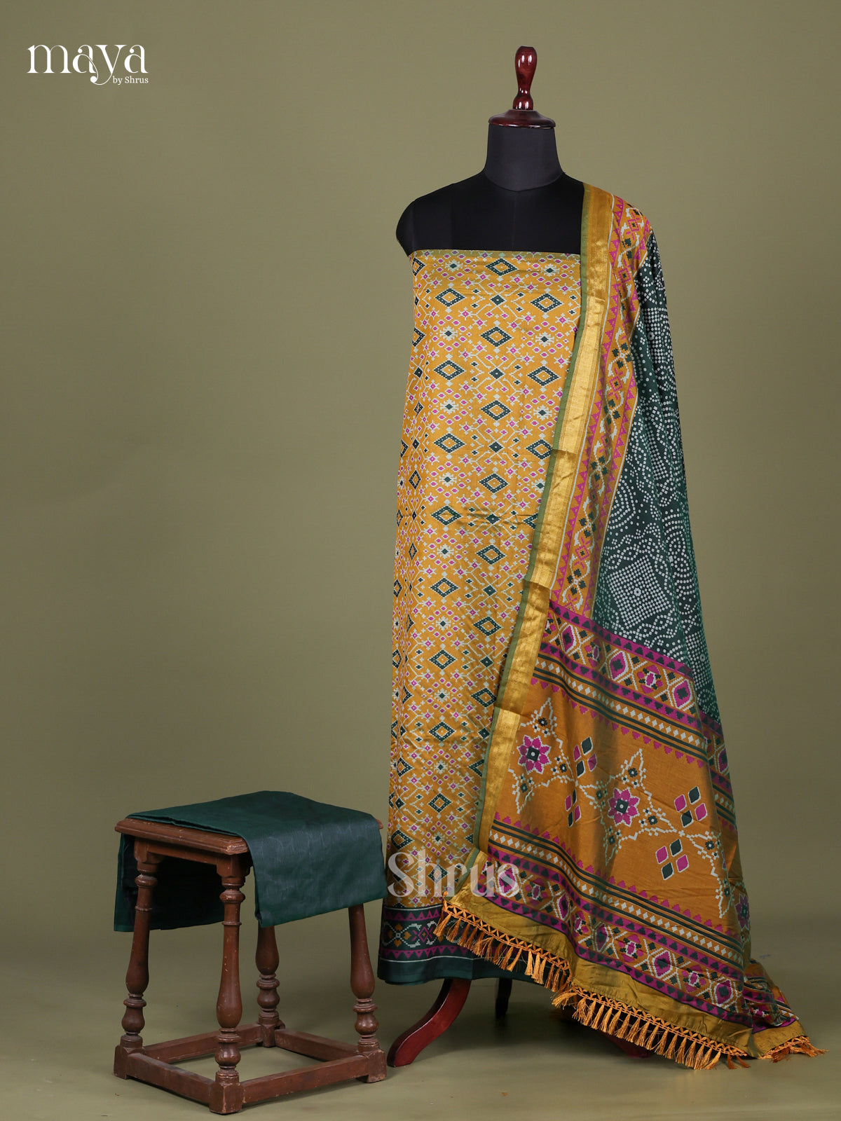 Yellow & Green - Semi patola salwar Unstitched