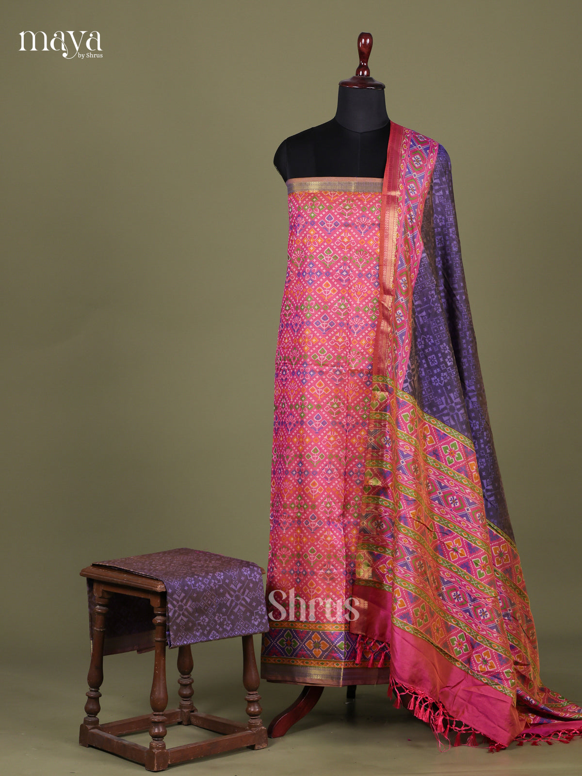 Pink & Blue - Semi patola salwar Unstitched
