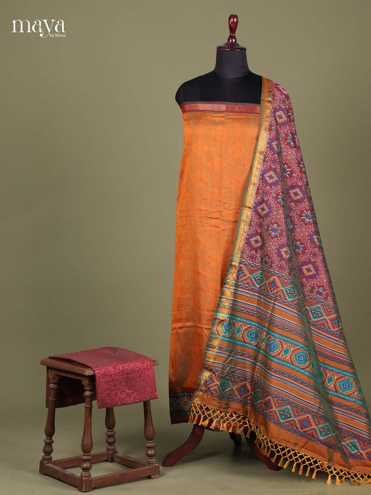 Mustard & Maroon - Semi patola salwar Unstitched