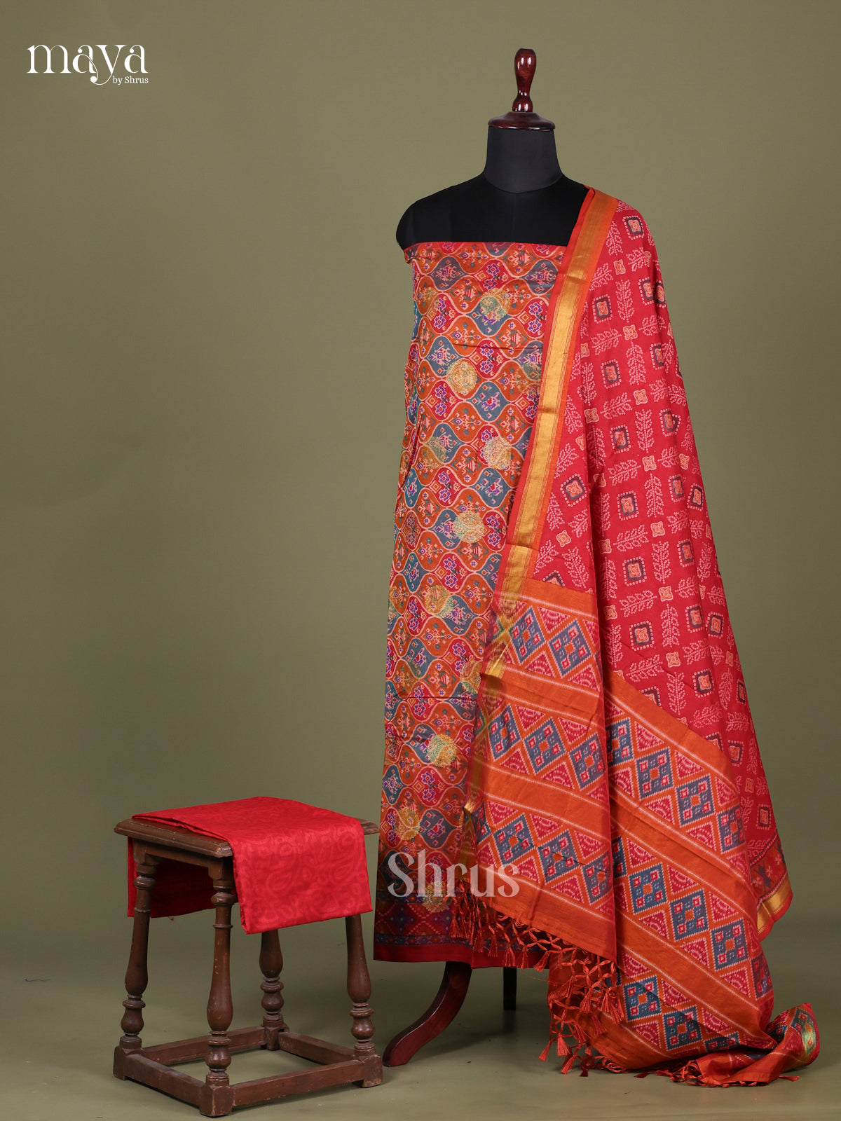Red & Orange - Semi patola salwar Unstitched