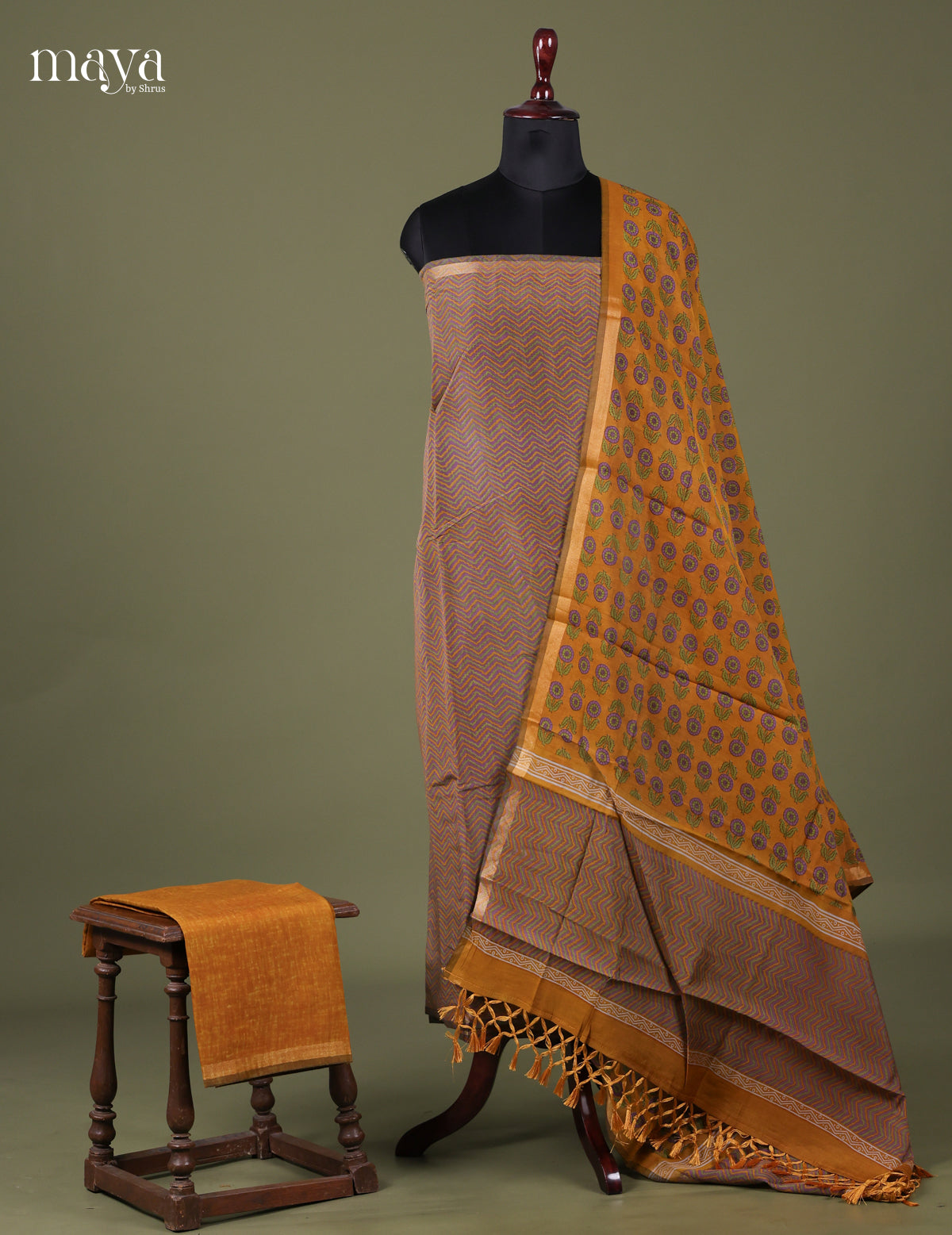 Brown & Mustard - Art Modal Salwar Unstitch
