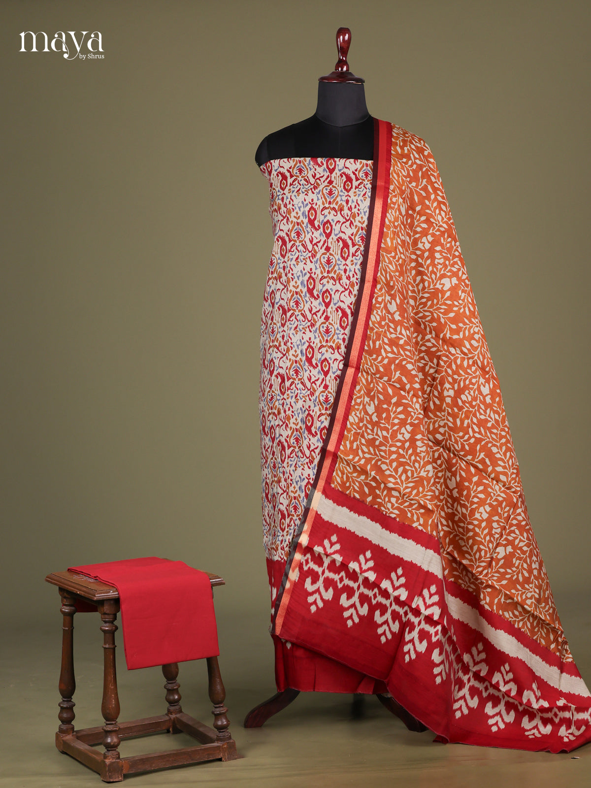 White & Red - Cotton salwar Unstitched