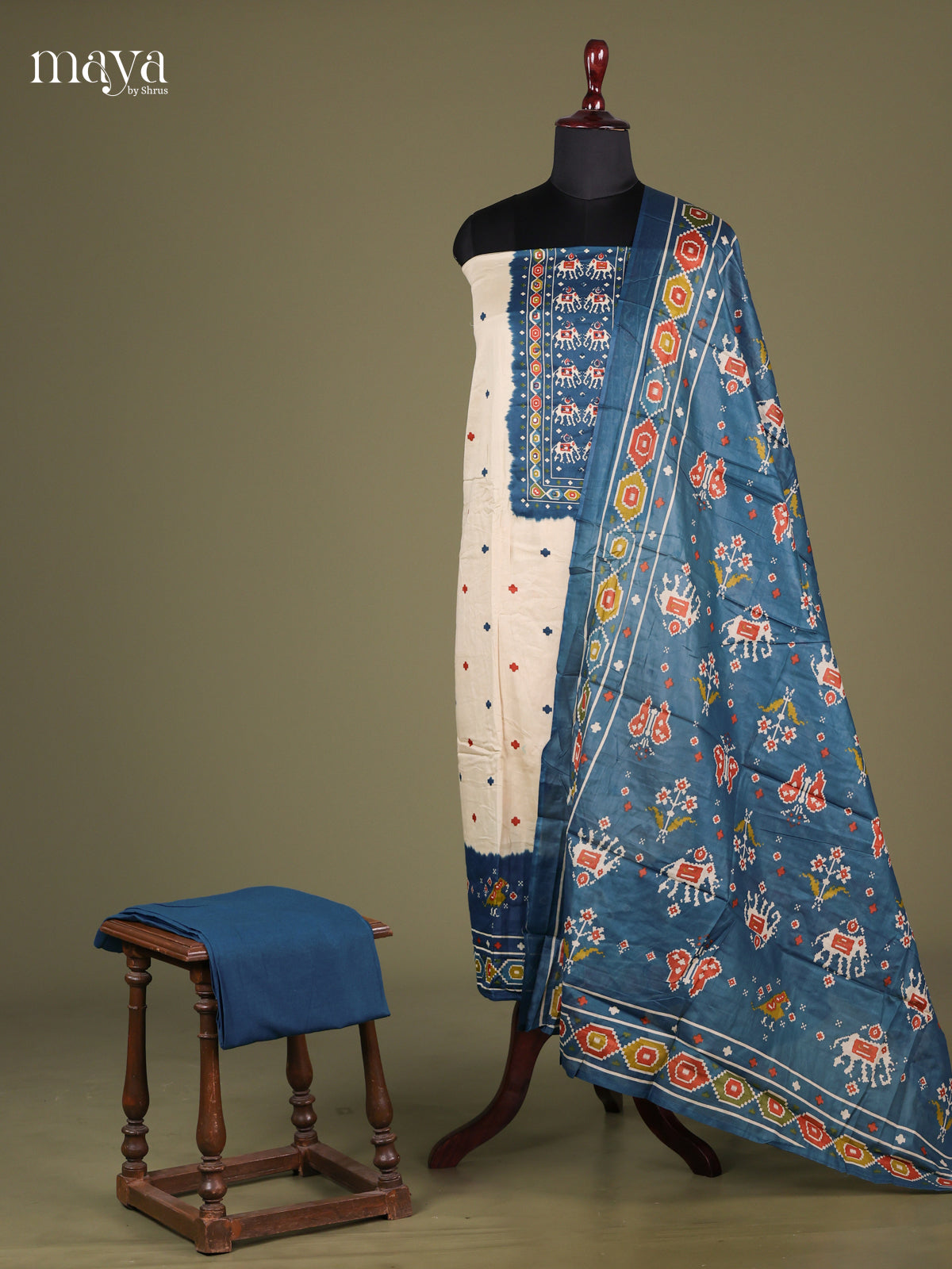 Cream & Blue - Cotton salwar Unstitched