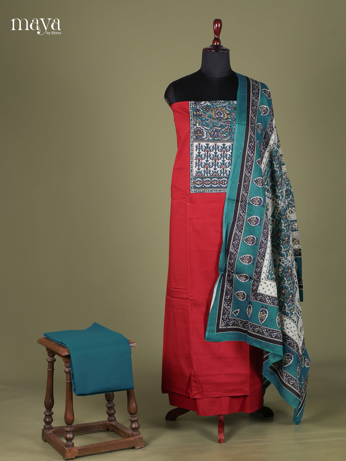 Red & Green - Cotton salwar Unstitched