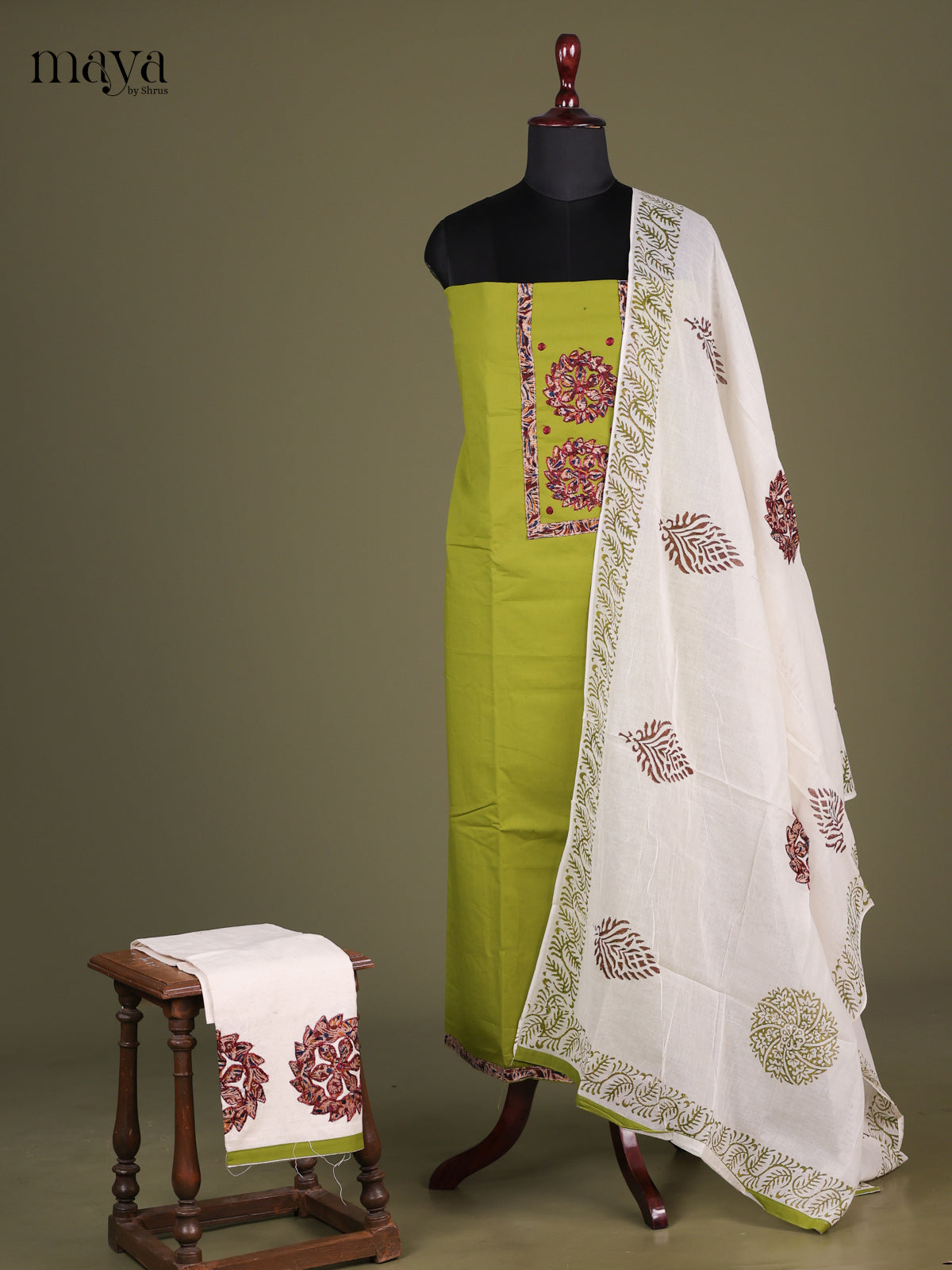 Green & White - Cotton salwar Unstitched
