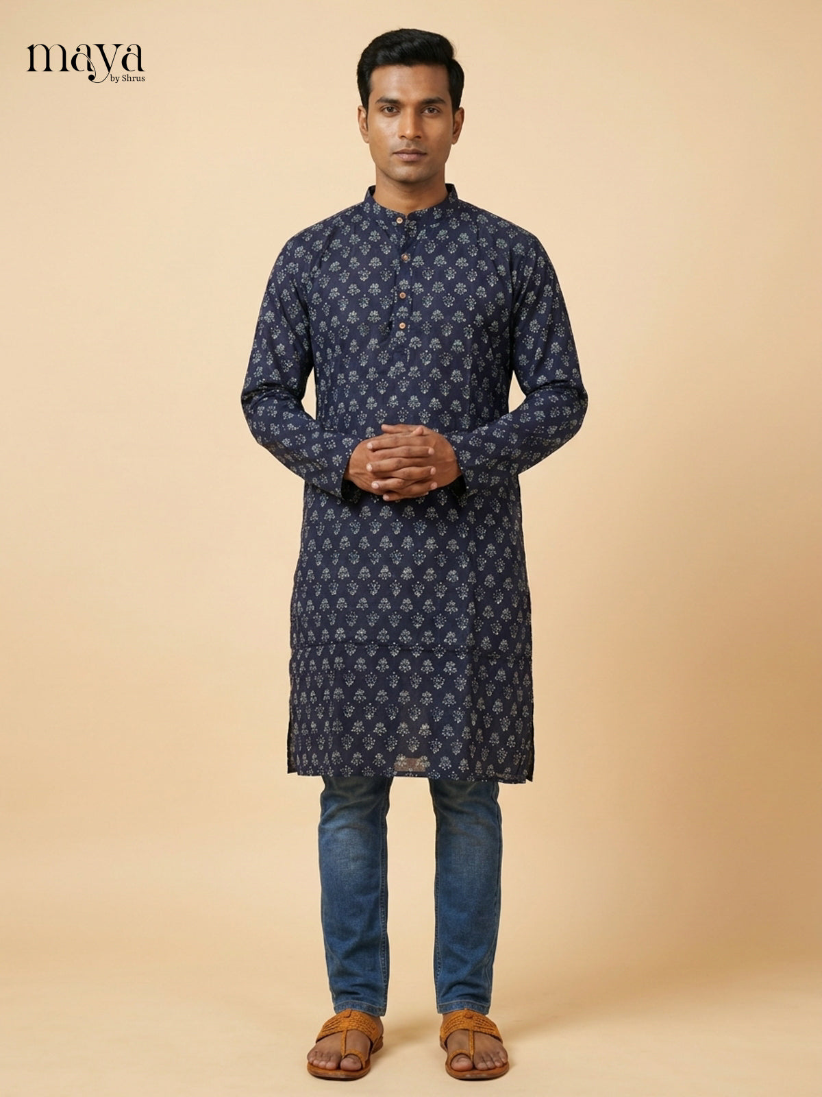 Elegant Blue Block printed Readymade Mens Long Kurta