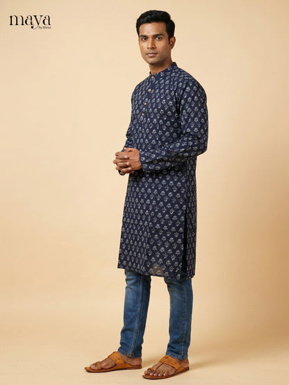 Elegant Blue Block printed Readymade Mens Long Kurta
