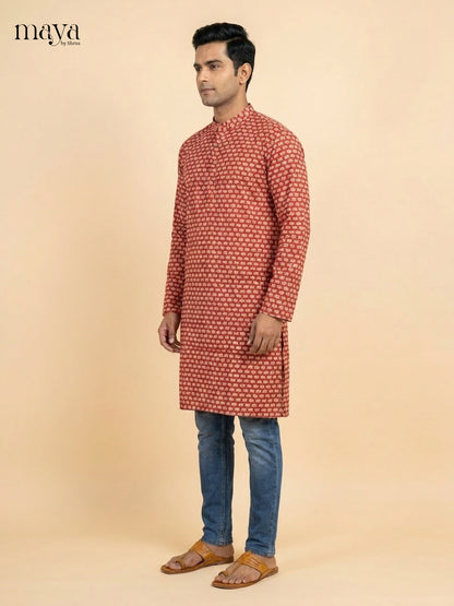 Exquisite Red Block printed Readymade Mens Long  Kurta