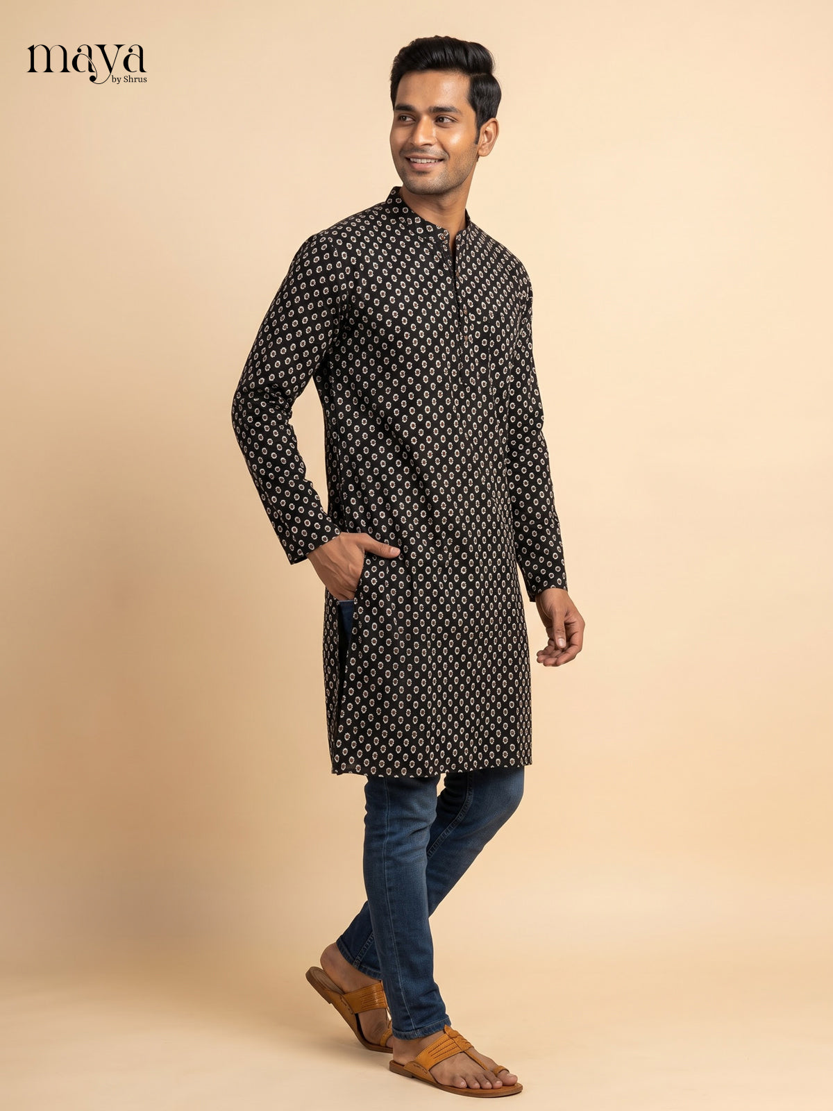 Graceful Black block Printed Readymade Mens Long Kurta