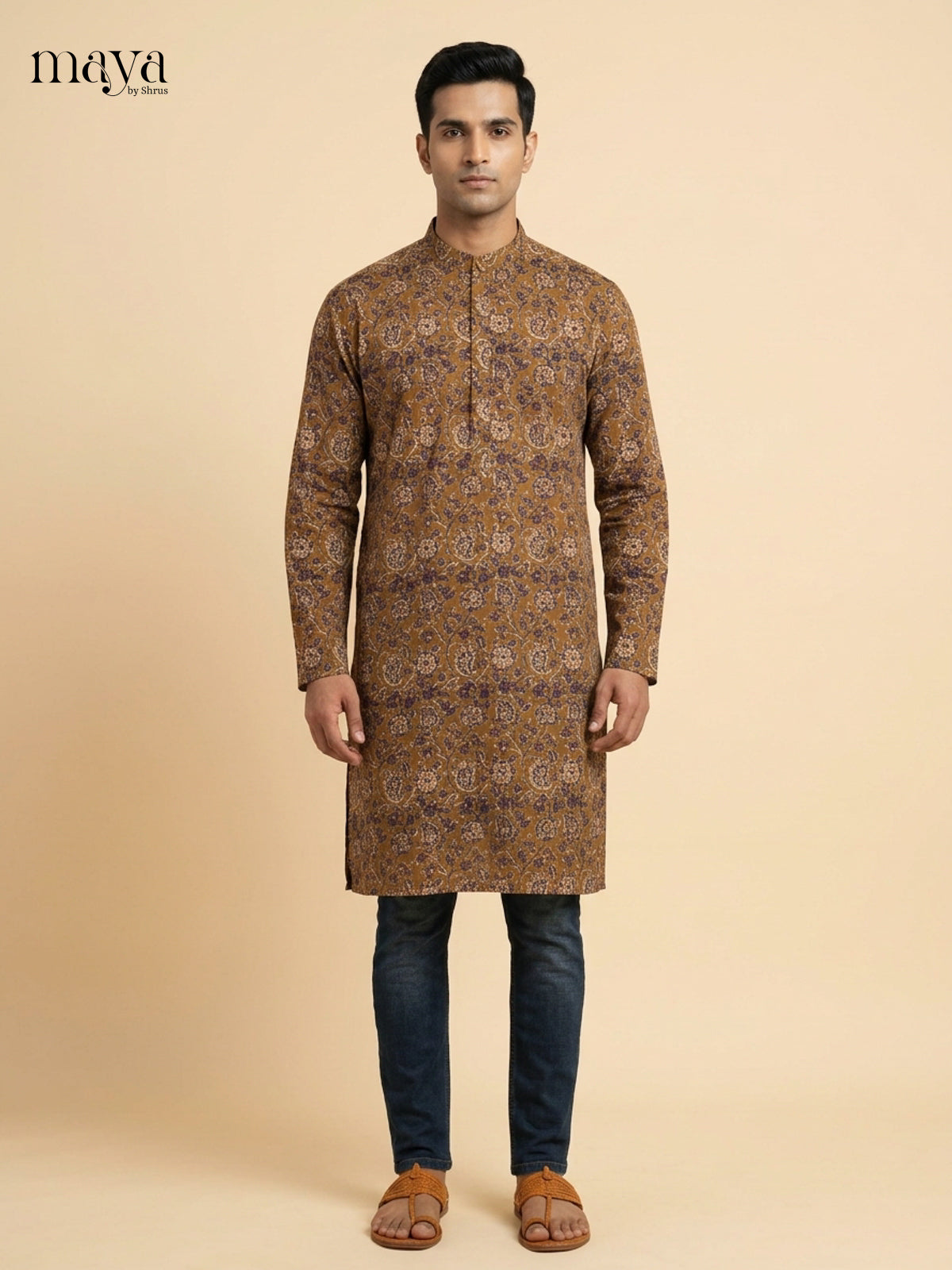 Timeless Mustard  floral block printed Readymade Mens Long  Kurta