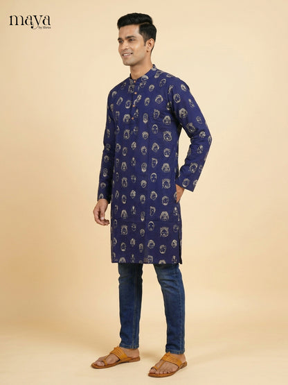 Beautiful Blue block printed Readymade Mens long Kurta