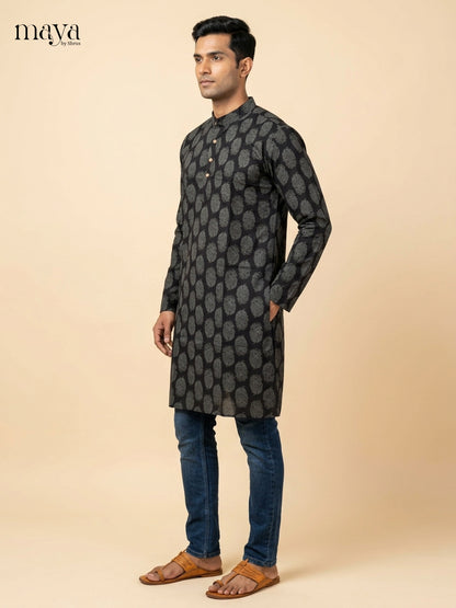 Classy Black Block Printed Readymade Mens Long Kurta