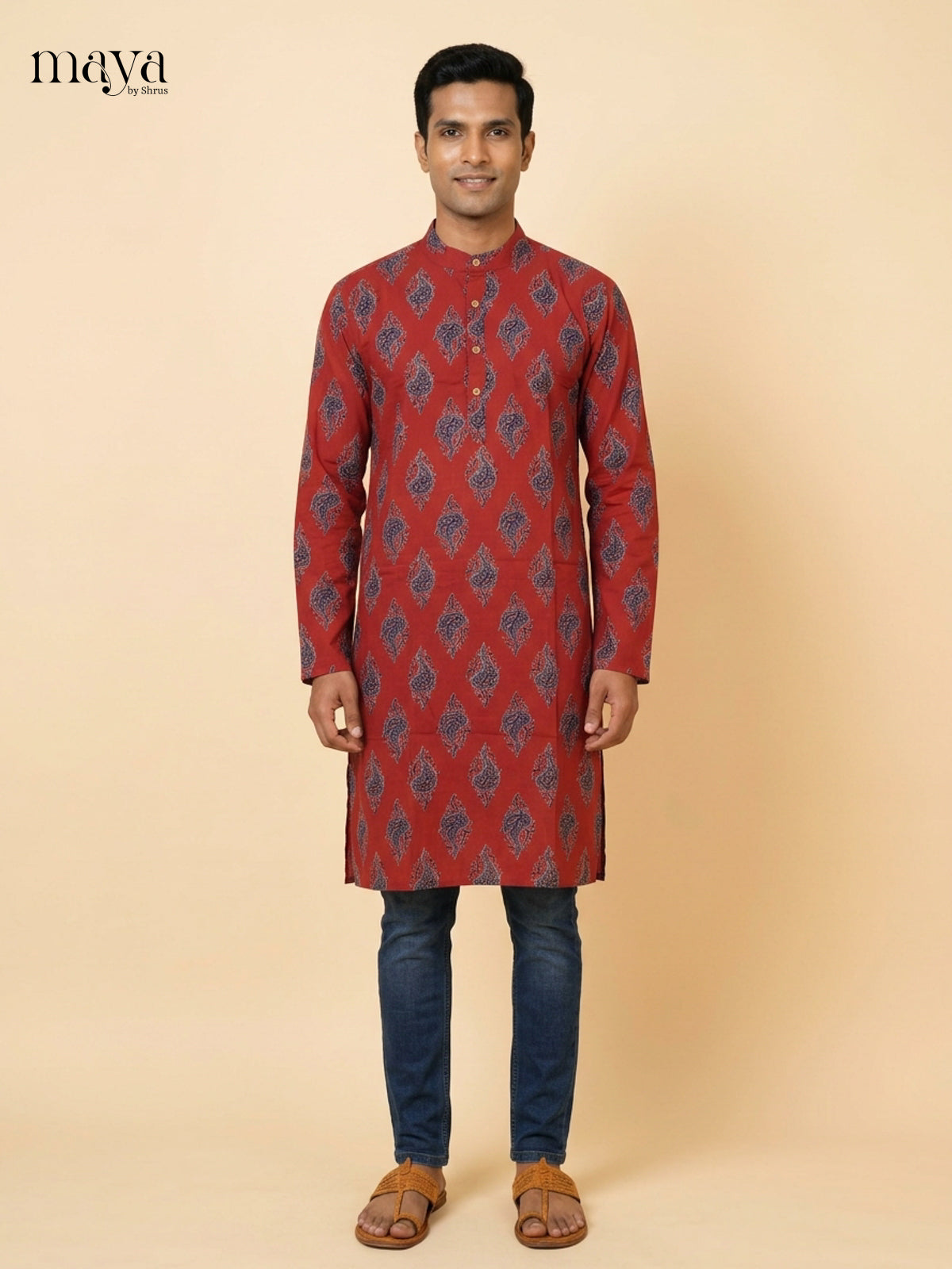 Bright Red Readymade Mens Long Kurta