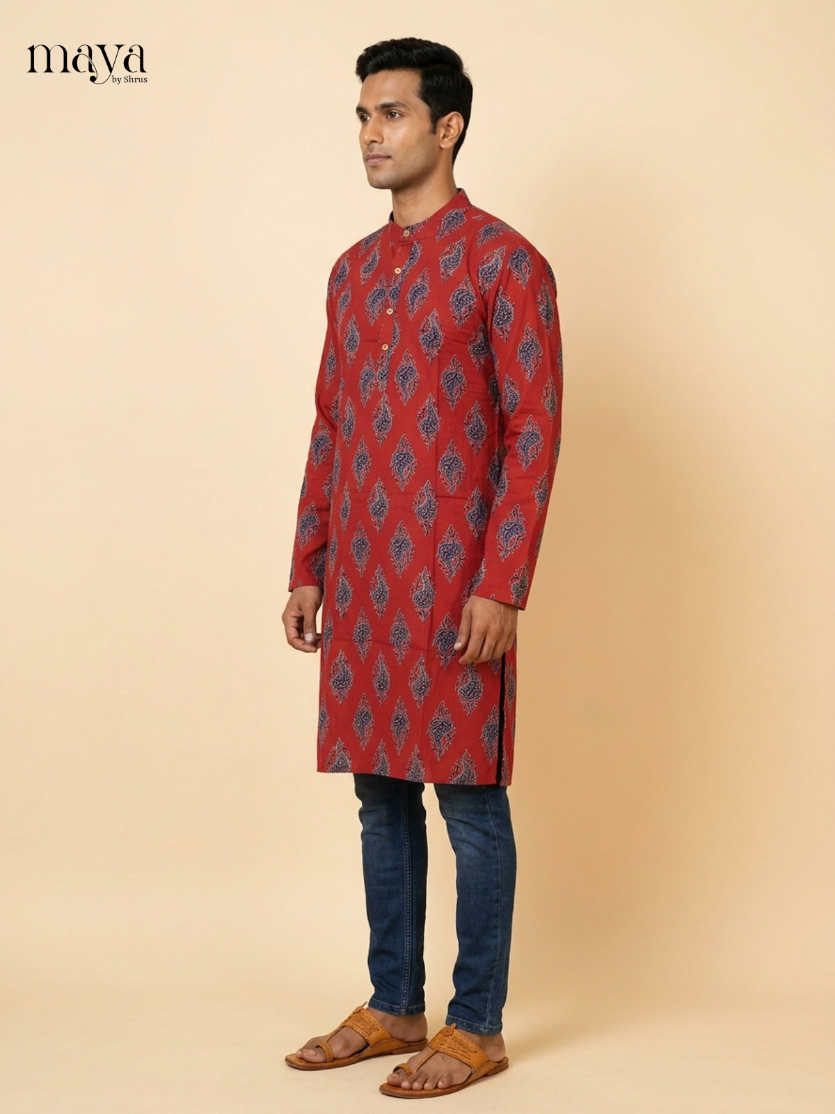 Bright Red Readymade Mens Long Kurta