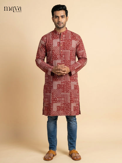 Timeless maroon geometric printed Readymade Mens long Kurta