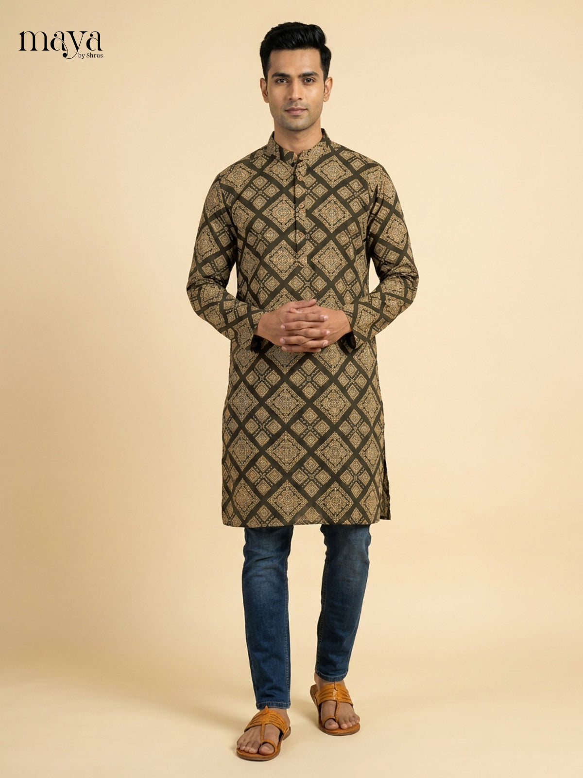 Beautiful Green diamond pattern  Readymade Mens Long Kurta