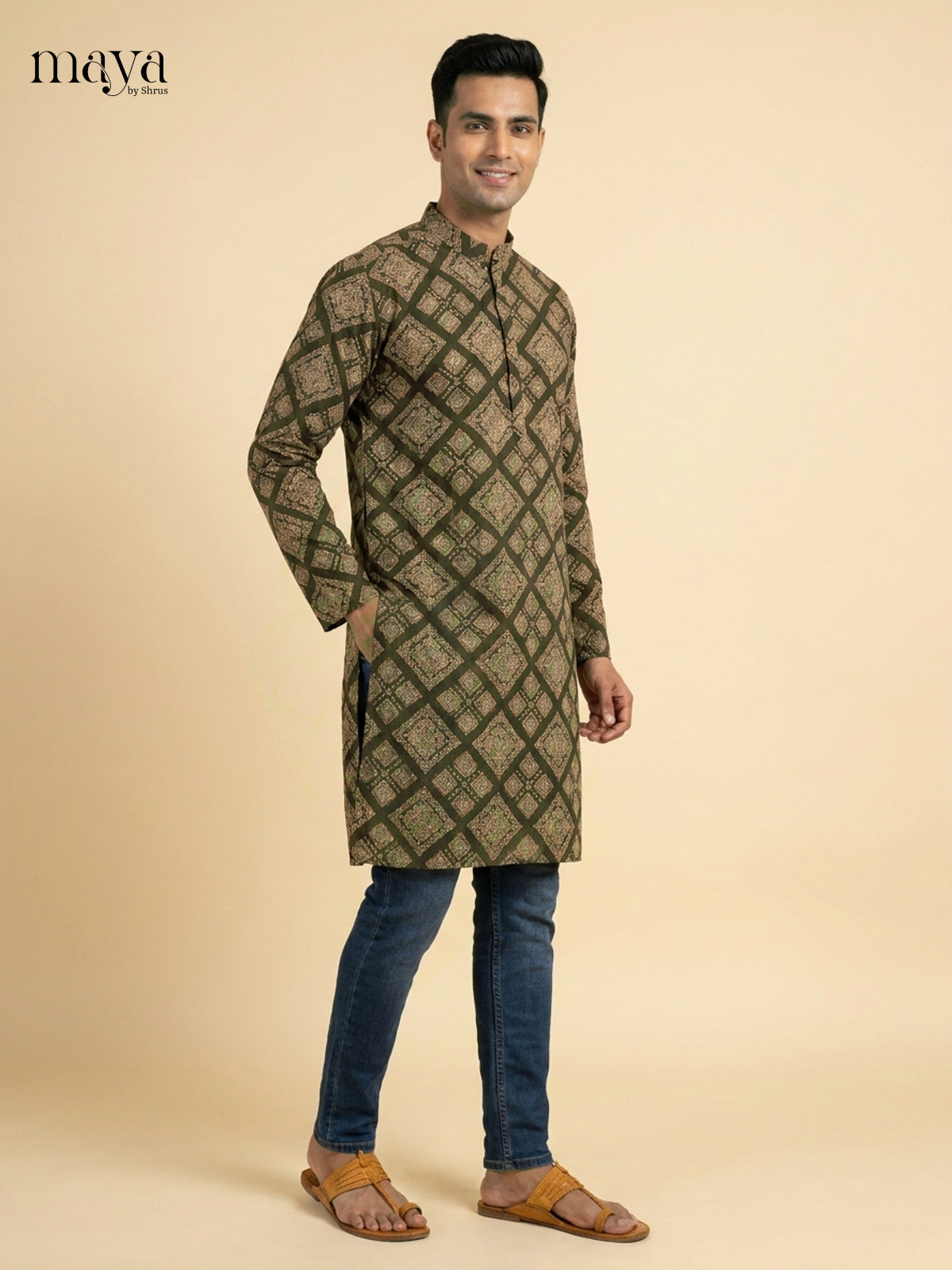 Beautiful Green diamond pattern  Readymade Mens Long Kurta