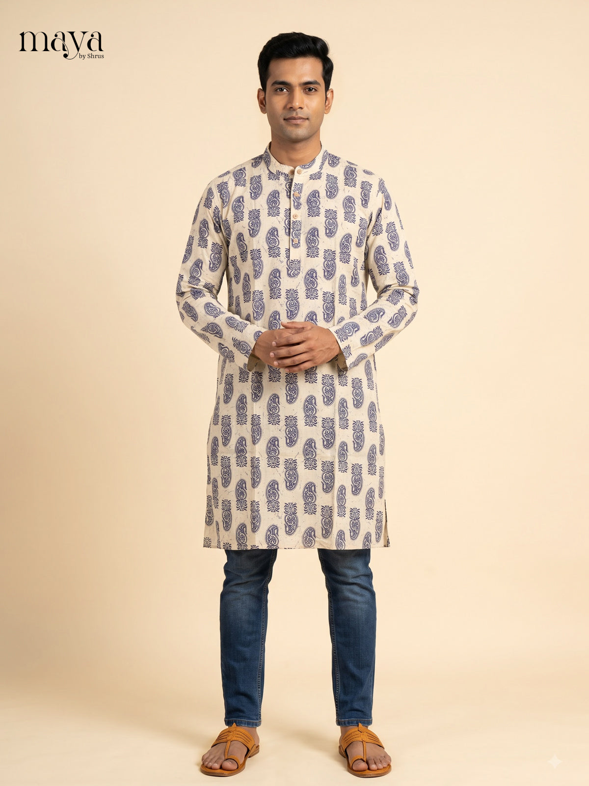 Charming Cream block printed Readymade Mens Long  Kurta
