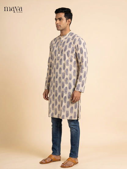 Charming Cream block printed Readymade Mens Long  Kurta