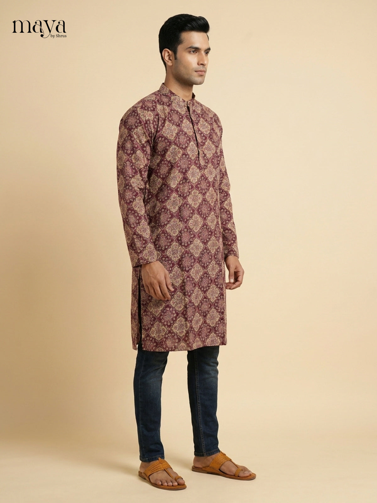 Striking brown hand block printed floral Readymade Mens long  Kurta