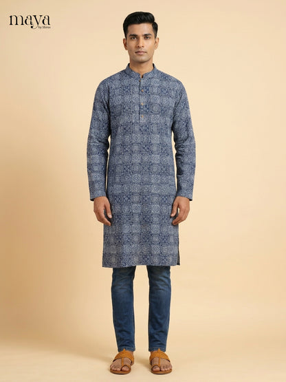 Vibrant Blue printed Readymade Mens long Kurta