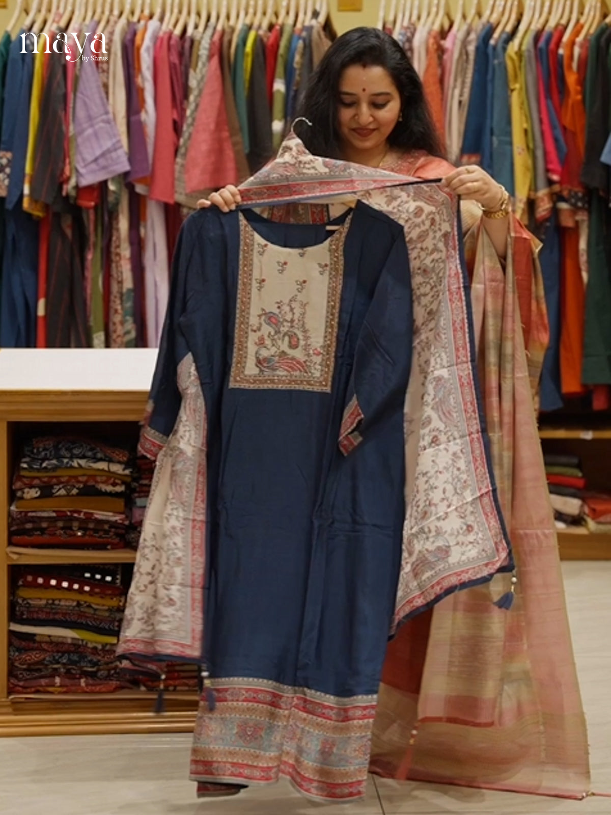 Vibrant Blue Semi Tussar Readymade 3PC Suits with floral neck yoke & digital printed dupatta