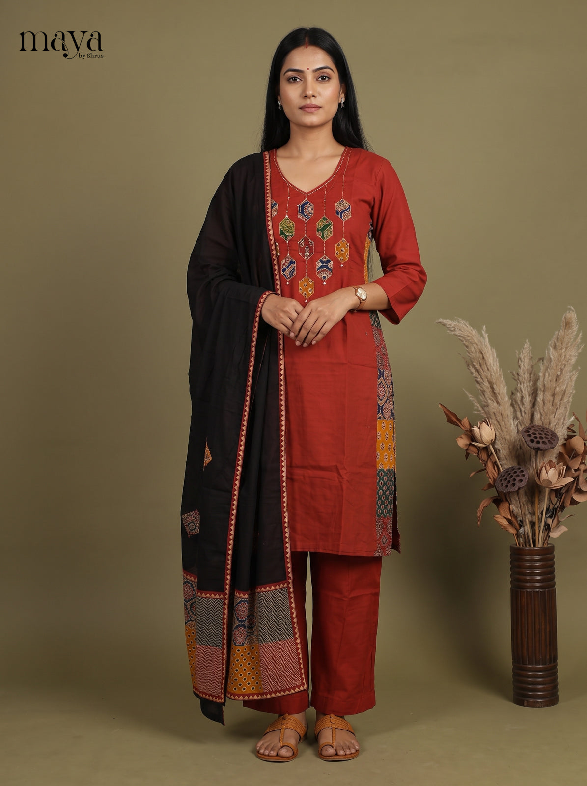 Lustrous Brick Orange Cotton Readymade 3PC Suits with patch work Neck yoke