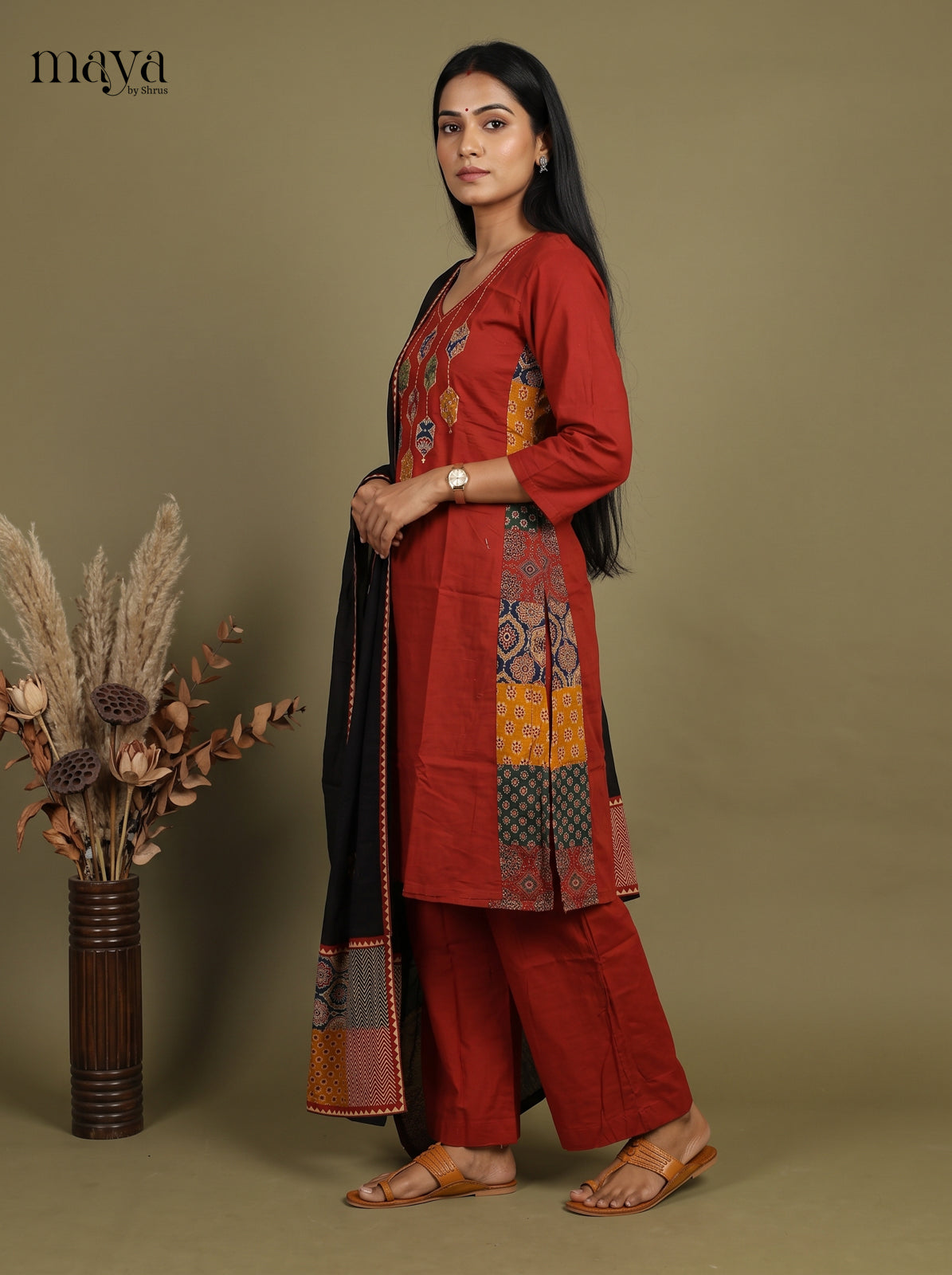 Lustrous Brick Orange Cotton Readymade 3PC Suits with patch work Neck yoke