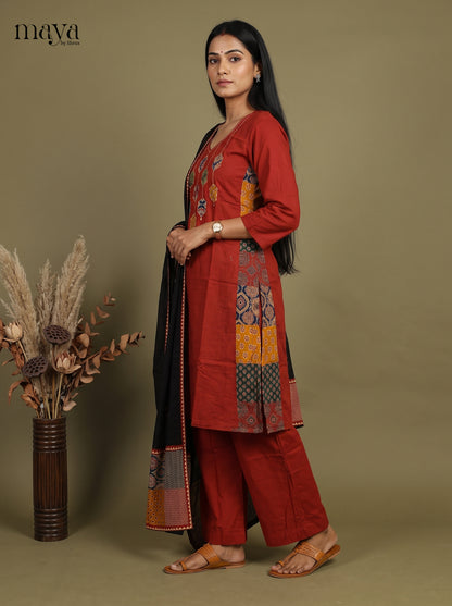 Lustrous Brick Orange Cotton Readymade 3PC Suits with patch work Neck yoke