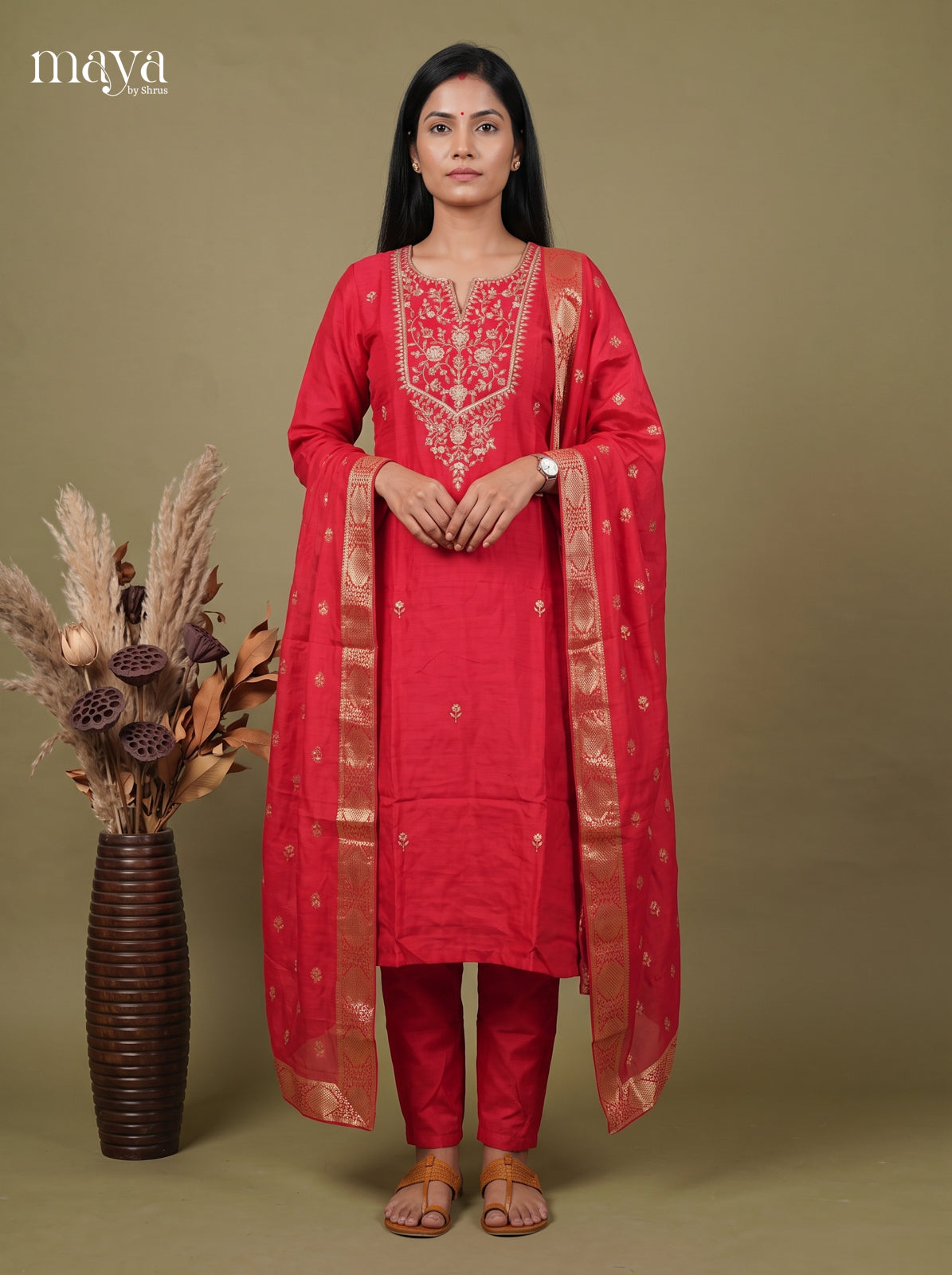Charming Pink Ethnic Readymade 3PC Suits with pearl embroidery neck yoke