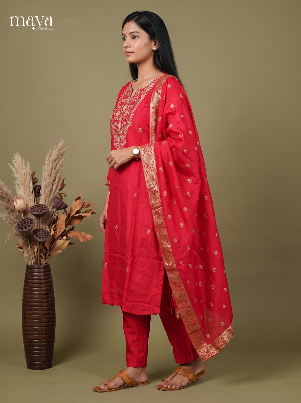 Charming Pink Ethnic Readymade 3PC Suits with pearl embroidery neck yoke