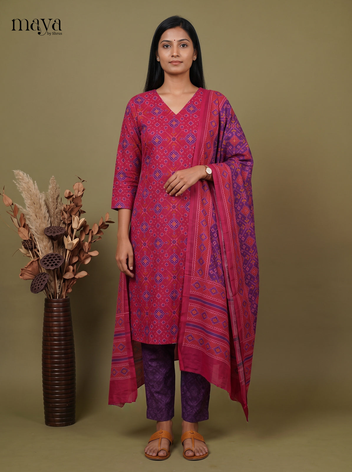 Charming Pink & Purple  Semi Patola Readymade 3PC Suits with floral print