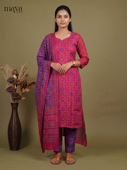 Elegant Pink & Purple Semi Patola Readymade 3PC Suits with floral print