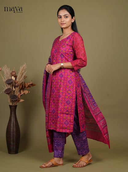 Elegant Pink & Purple Semi Patola Readymade 3PC Suits with floral print