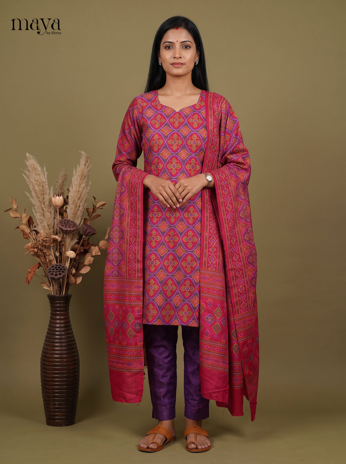 Beautiful Pink & Purple  Semi Patola Readymade 3PC Suits  with floral pattern