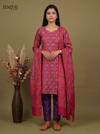 Beautiful Pink & Purple  Semi Patola Readymade 3PC Suits  with floral pattern