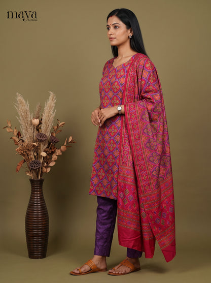 Beautiful Pink & Purple  Semi Patola Readymade 3PC Suits  with floral pattern
