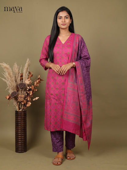 Stylish Pink & Purple  Semi Patola Readymade 3PC Suits with floral print