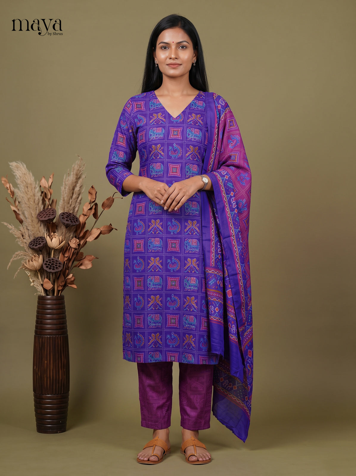 Vibrant Blue & Purple Semi Patola Readymade 3PC Suits with floral print